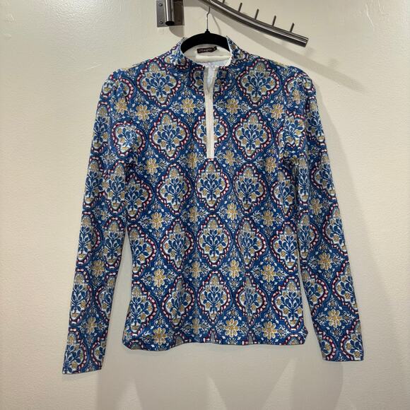 J. McLaughlin Quarter Zip- Catalina Cloth Blue Printed Sporty Pullover- Small - Picture 1 of 10